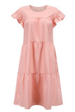 Vestido de manga corta con cuello en O de patchwork sólido de talla grande casual de moda rosa