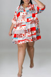 レッドカジュアルプリントパッチワークバックルターンダウンカラーAラインプラスサイズのドレス