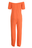オレンジ色のカジュアルなソリッドパッチワークオフショルダールーズジャンプスーツ