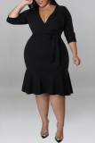 ブラックカジュアルソリッドバンデージパッチワークフラウンスVネックストレートプラスサイズのドレス