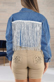 Azul profundo moda casual sólido borla retalhos turndown colarinho manga longa jaqueta jeans regular