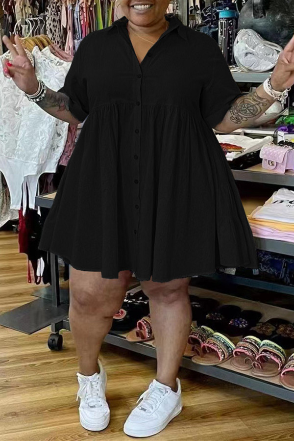 Черное модное повседневное платье-рубашка больших размеров в стиле пэчворк с отложным воротником