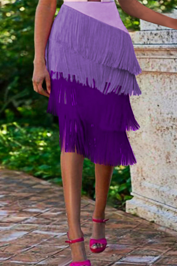 Falda moda casual patchwork borla regular cintura alta púrpura