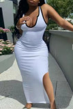 Weiß Sexy Casual Solid Patchwork Schlitz U-Ausschnitt Weste Kleid Kleider