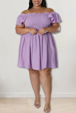 Светло-фиолетовые повседневные милые однотонные лоскутные платья с открытыми плечами трапециевидной формы больших размеров