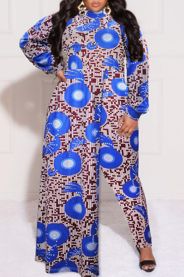 Macacão azul moda casual estampa patchwork assimétrico meia gola alta tamanho grande