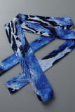 Vestidos azuis coloridos estampa casual leopardo frênulo decote em V reto plus size