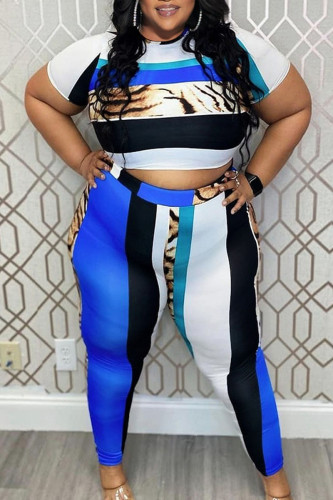Blue Casual Print Patchwork O Neck Plus Size Two Pieces