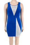 Blaues beiläufiges festes Patchwork Hot Drill O Neck Weste Kleid Plus Size Kleider