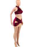 Burgundy Sexy Solid Patchwork See-through Halter Sleeveless Two Pieces