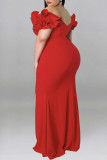 Rode sexy effen patchwork avondjurk met v-hals Grote maten jurken