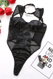 Zwarte mode sexy patchwork effen uitgeholde doorschijnende rugloze lingerie