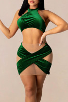 Зеленый сексуальный однотонный лоскутное прозрачное платье без рукавов с лямкой на шее из двух частей