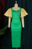 グリーンファッションカジュアルパッチワークスリットビーズスクエアカラー半袖ドレスドレス