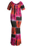 Tangerine Red Casual Print Patchwork V Neck Straight Plus Size Robes