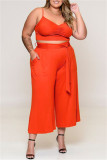 Orange Fashion Casual Solid Patchwork V Neck Plus Size Three-piece Set