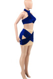 Blue Sexy Solid Patchwork See-through Halter Sleeveless Two Pieces