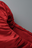 赤のエレガントなソリッドスパンコールパッチワークが肩のイブニングドレスドレスからはためく