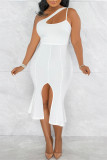 ホワイトファッションセクシーなソリッドくり抜かれた背中の開いたスリットワンショルダーイブニングドレス
