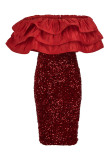 Red Elegant Solid Sequins Patchwork Flounce Off the Shoulder Evening Dress Dresses