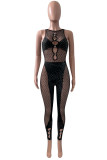 Black Sexy Solid Hollowed Out Patchwork See-through Hot Drill O Neck Skinny Jumpsuits