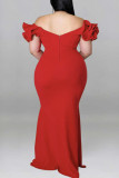 Rotes, sexy, solides Patchwork-Abendkleid mit V-Ausschnitt und Kleidern in Übergröße