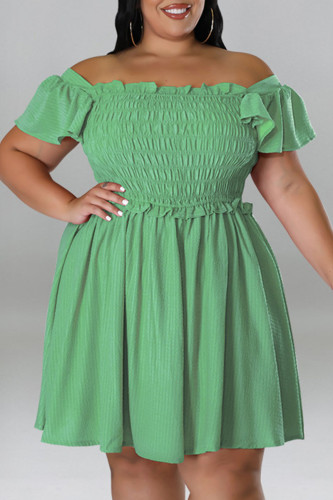 Verde casual dolce patchwork solido piega fuori dalla spalla una linea plus size abiti