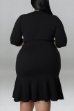 パープルカジュアルソリッドバンデージパッチワークフラウンスVネックストレートプラスサイズのドレス
