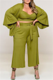 Grüne Mode Lässig Solide Patchwork V-Ausschnitt Plus Größe Dreiteiliges Set