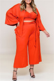 Conjunto de tres piezas de talla grande con cuello en V de patchwork sólido casual de moda naranja