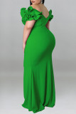 Green Sexy Solid Patchwork V Neck Evening Dress Plus Size Dresses