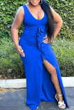 Vestidos assimétricos azuis sensuais com fenda e pregas amarradas com decote em U