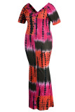 Tangerine Red Casual Print Patchwork V Neck Straight Plus Size Robes