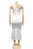 White Fashion Sexy Solid Hollowed Out Backless Slit One Shoulder Evening Dress