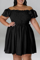 Negro casual dulce sólido patchwork doblar el hombro una línea vestidos de talla grande
