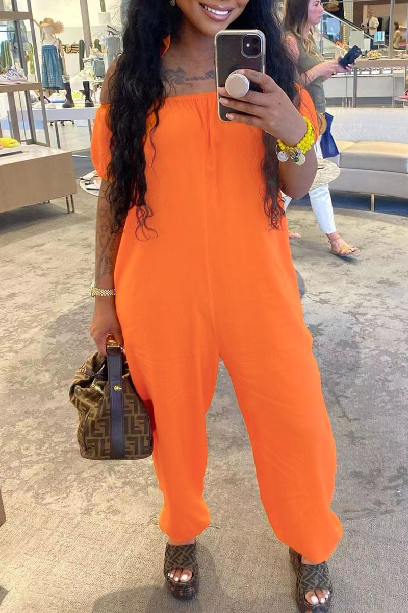 

Orange Casual Solid Patchwork Off the Shoulder Loose Jumpsuits