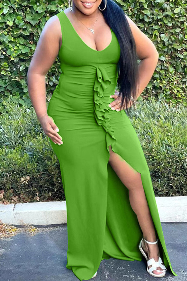 Groene sexy effen split vouw stringy zelfkant U-hals asymmetrische jurken