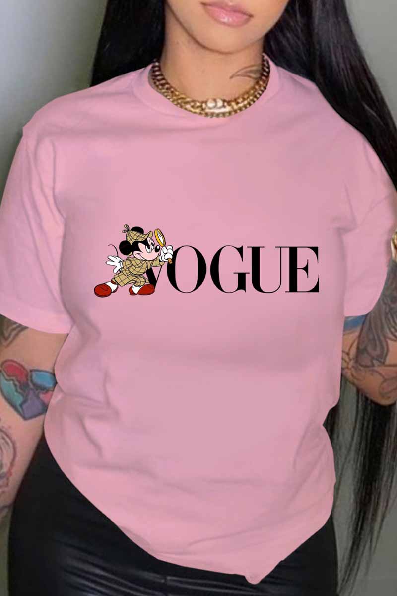 

Pink Fashion Casual Character Print Letter O Neck T-Shirts