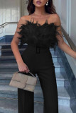 Black Sexy Solid Patchwork Feathers With Belt Strapless Straight Jumpsuits(Contain The Belt)