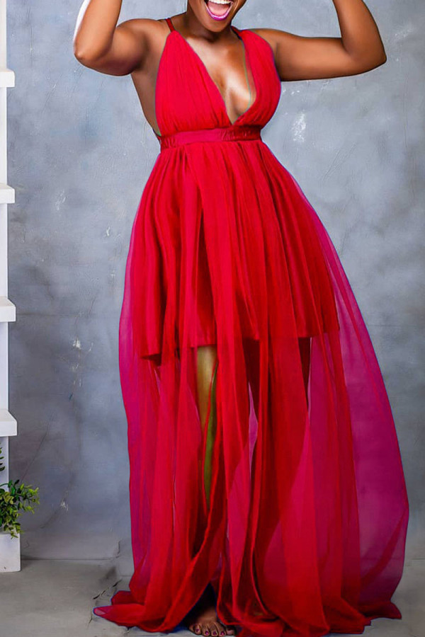 Vestido Sling Red Fashion Sexy Solid Patchwork Sem Costas Decote V