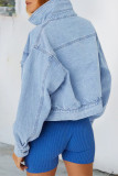 Chaqueta de mezclilla regular de manga larga con cuello vuelto de rebeca sólida informal de moda azul bebé