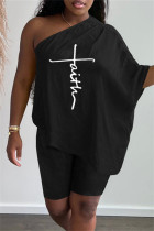 Manica corta con colletto obliquo senza schienale con stampa casual nera alla moda in due pezzi