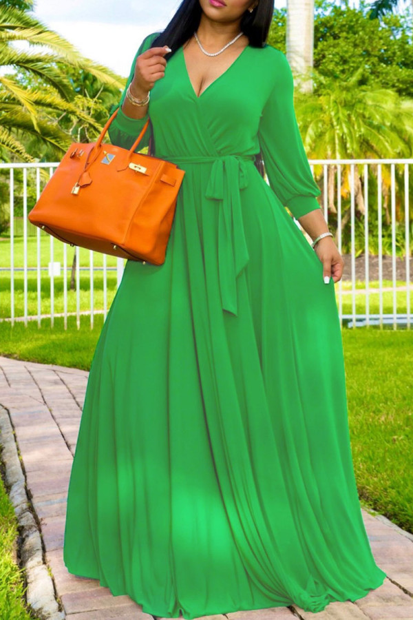 Vestidos de manga comprida verde moda casual atadura sólida decote em V