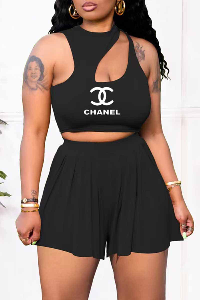 

Black Fashion Sweet Print Letter O Neck Sleeveless Two Pieces