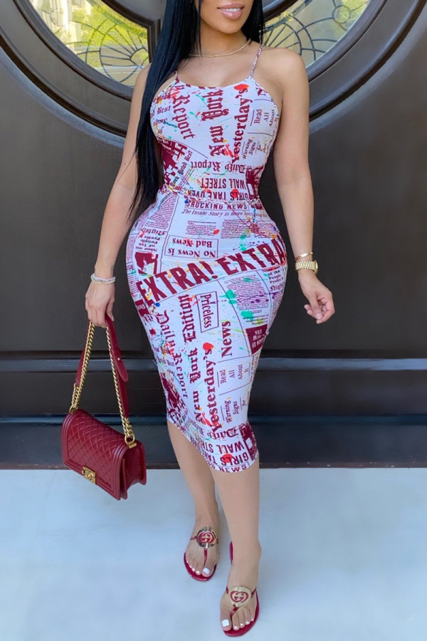 Red Fashion Sexy Print Backless Cross Straps Spaghetti Strap Ärmelloses Kleid