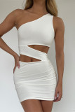 White Fashion Sexy Solid Hollowed Out Backless One Shoulder Sleeveless Dress Dresses