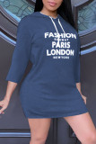 Королевский синий повседневный принт в стиле пэчворк с воротником-футболкой с капюшоном Платье Платья