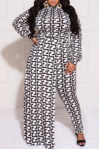 Zwart Wit Mode Casual Print Patchwork Asymmetrische Halve Coltrui Plus Size Jumpsuits