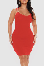 赤のセクシーなソリッドパッチワークスパゲッティストラップワンステップスカートドレス