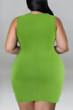 Green Casual Solid Patchwork Hot Drill O Neck Vest Dress Plus Size Dresses